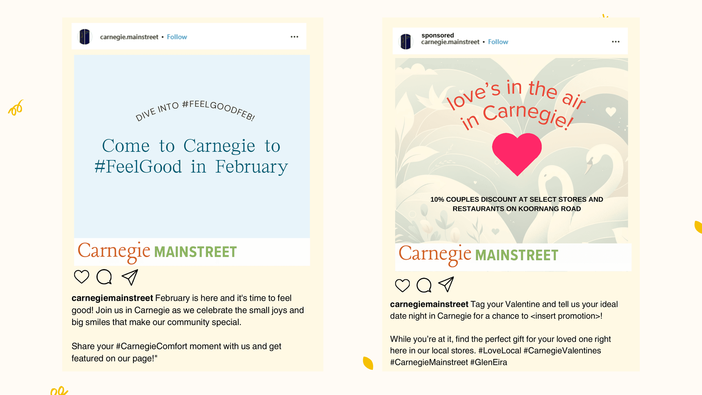 Open the Instagram mock-up slide, two posts written in the Carnegie brand voice