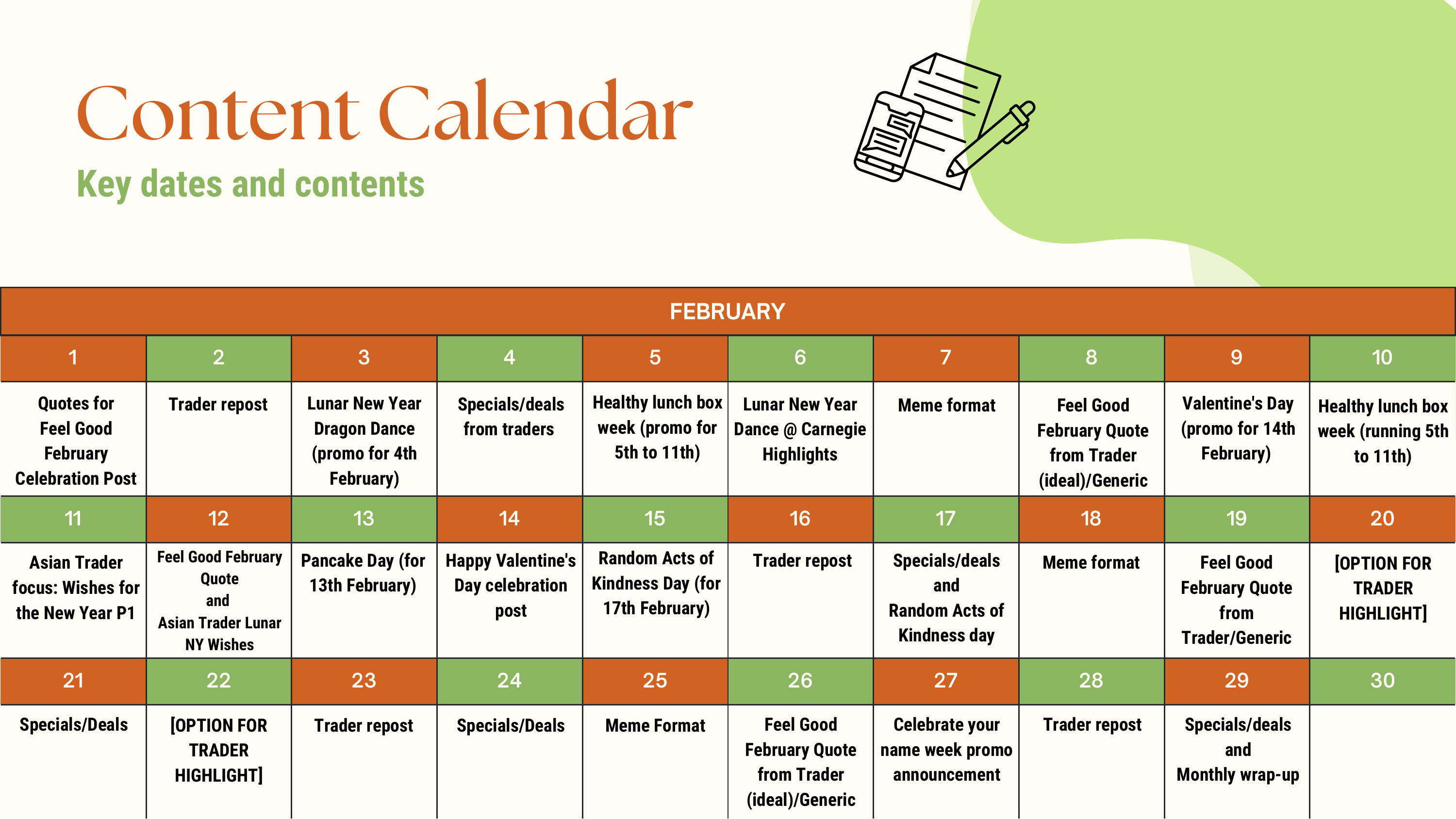 Open the content calendar slide from the Carnegie strategy deck, showing February laid out day by day