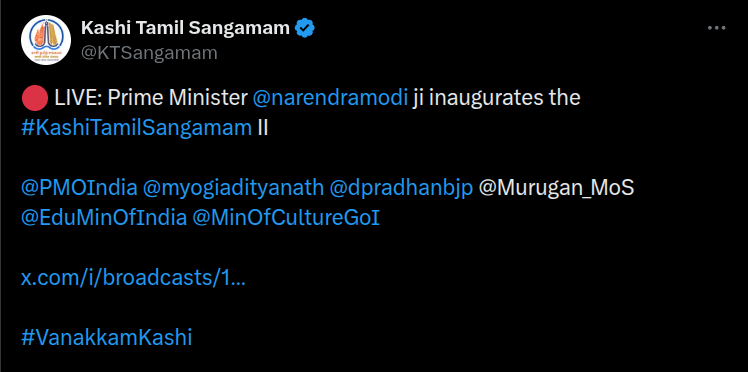 Open the archived Kashi Tamil Sangamam post covering the Prime Minister's inauguration of the festival in Varanasi