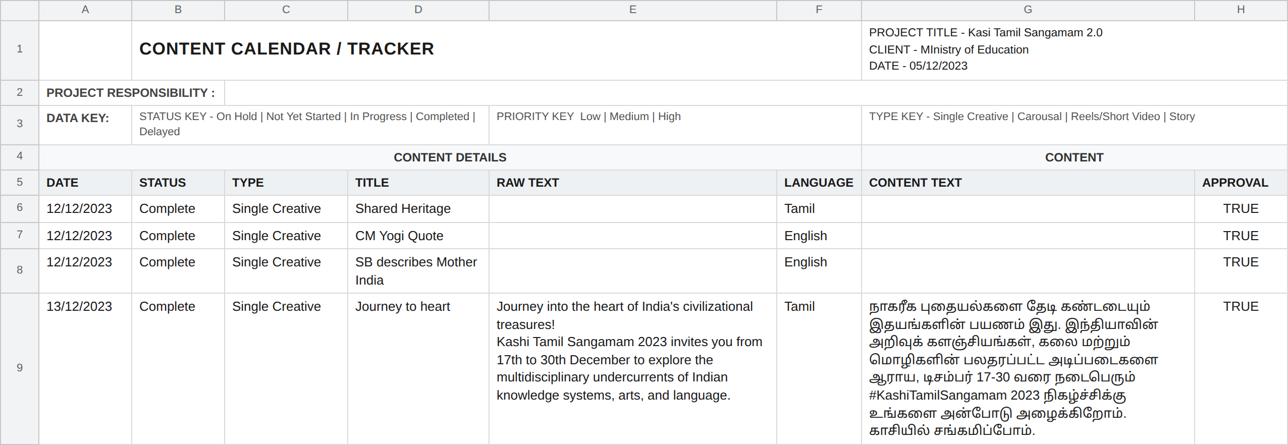 Open the campaign's content tracker, showing English raw text beside the finished Tamil with an approval column