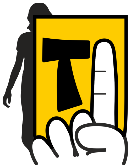 The T1 mark: a hand holds up a card carrying the letter T, an adult figure standing behind it